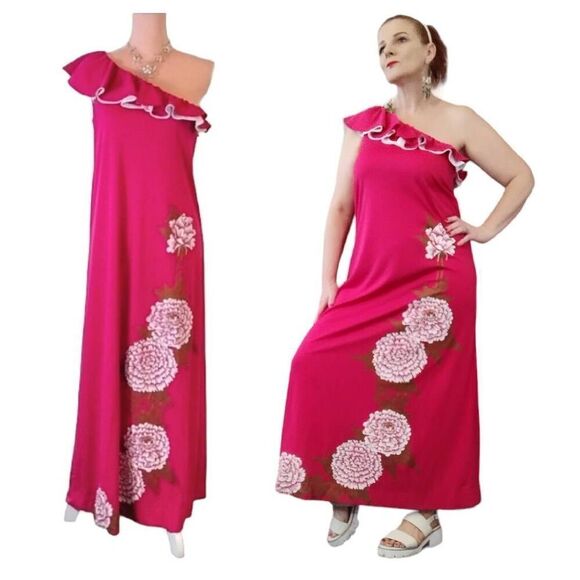 Alfred Shaheen VTG RARE Pink One Shoulder Hand Painted Maxi Dress Size 10 - Picture 1 of 13